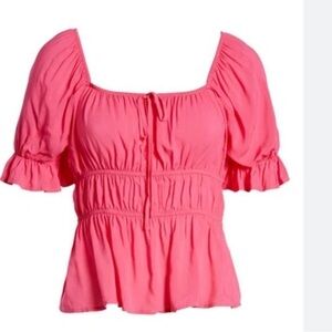 Melrose and Market Magenta Ruched Puff Sleeve Square Neck Top Size Medium NWT